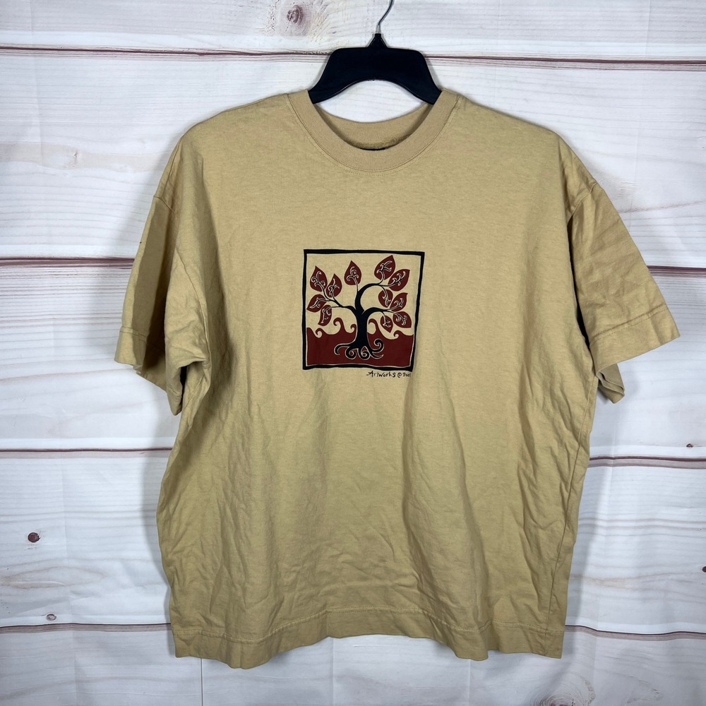 Vintage Artworks 2001 T-Shirt Womens One Size Tan Tree Graphic Oversized Cotton